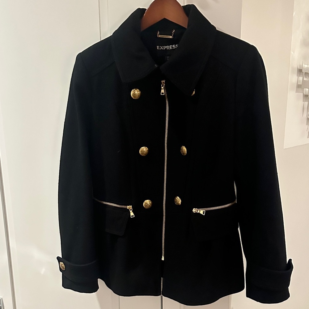 Express Black Peplum Pea Coat with Gold Buttons